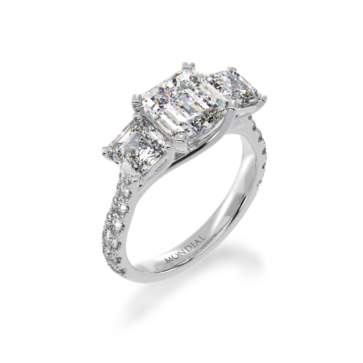 Trilogy asscher cut diamond ring with diamond set  band view from angle 
