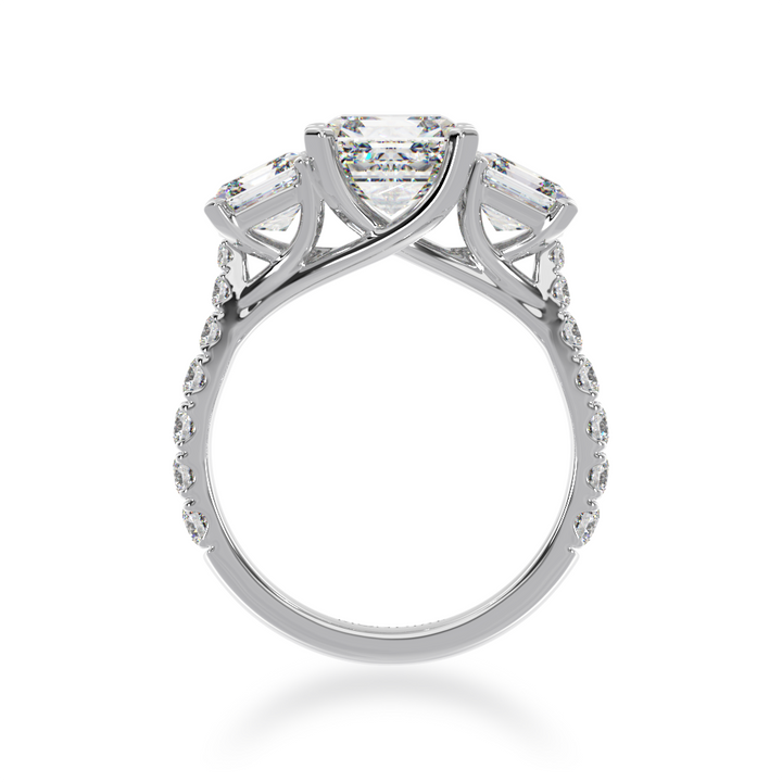 Trilogy asscher cut diamond ring with diamond set  band view from front
