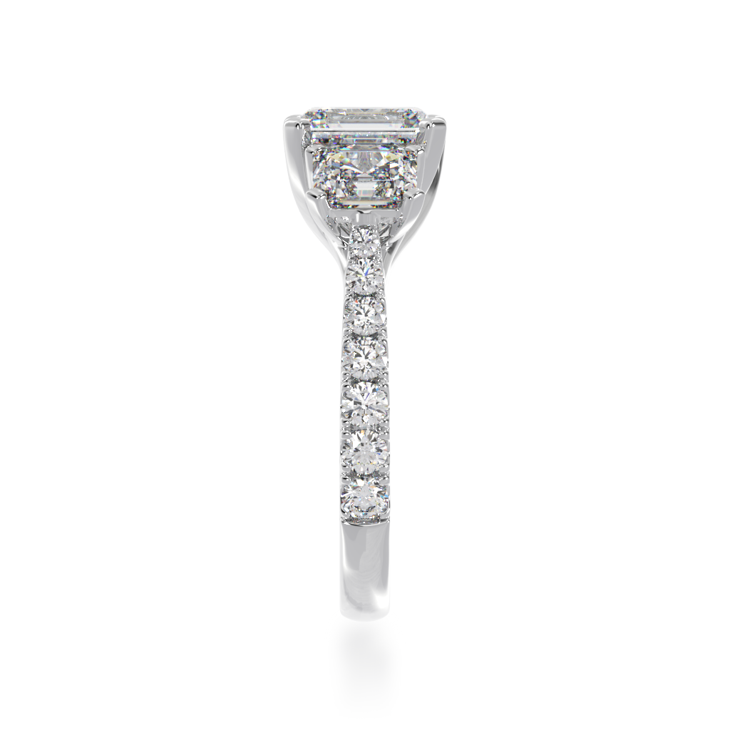 Trilogy asscher cut diamond ring with diamond set  band view from side