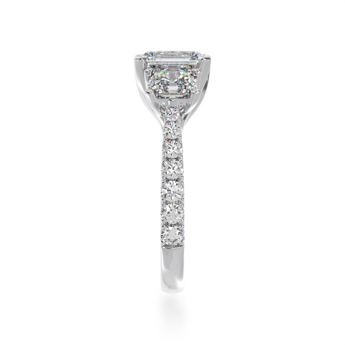 Trilogy asscher cut diamond ring with diamond set  band view from side