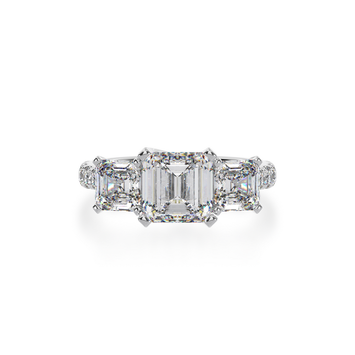 Trilogy asscher cut diamond ring with diamond set  band view from top