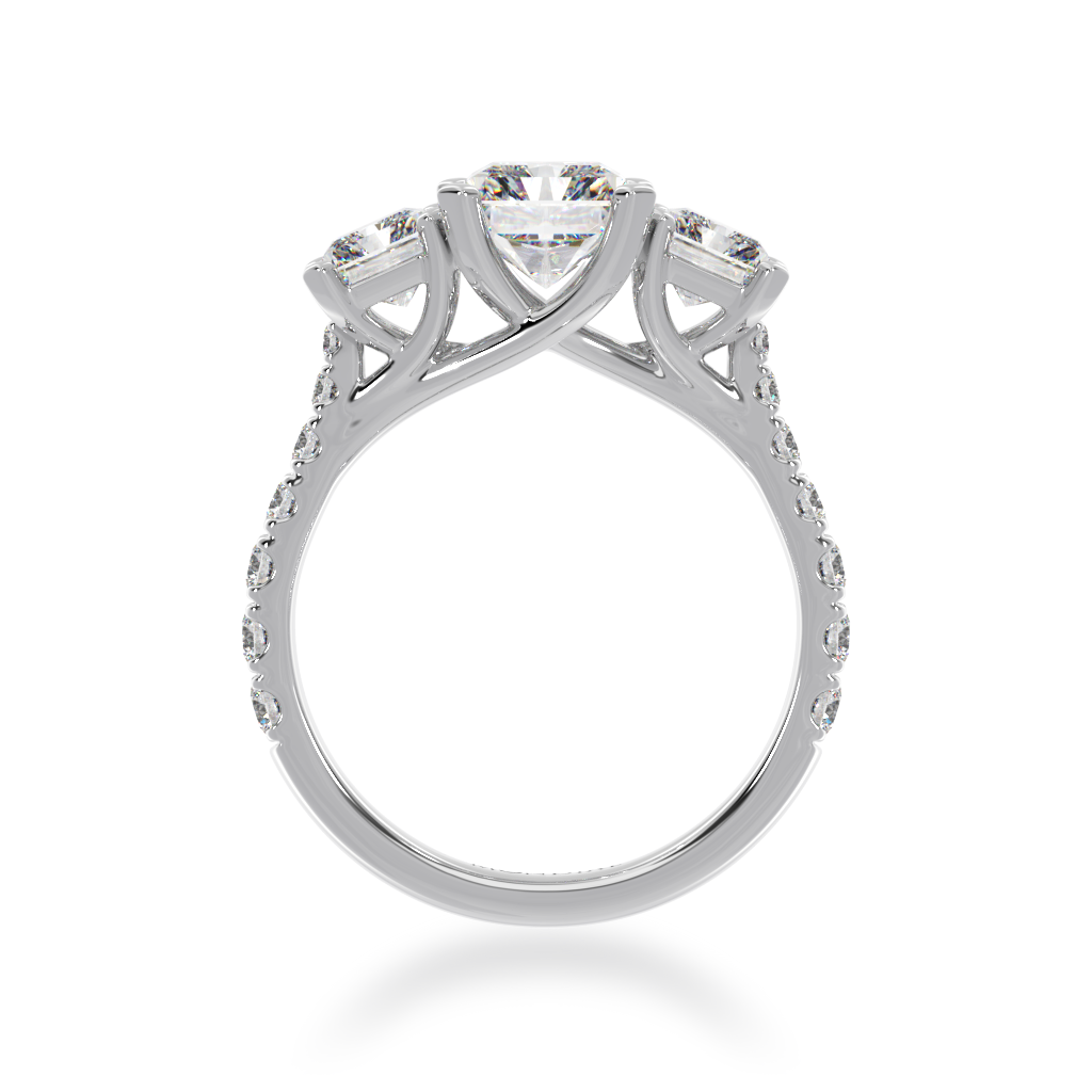 White Gold Trilogy radiant cut diamond ring with a diamond band from front view