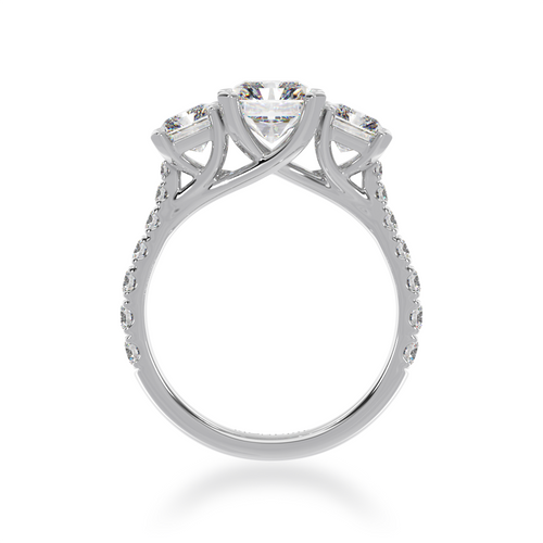 White Gold Trilogy radiant cut diamond ring with a diamond band from front view