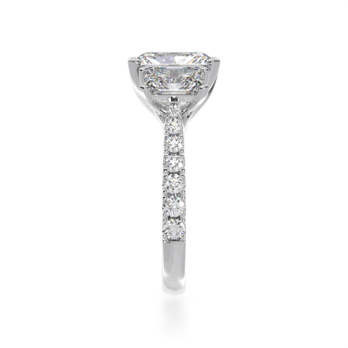 White Gold Trilogy radiant cut diamond ring with a diamond band from side