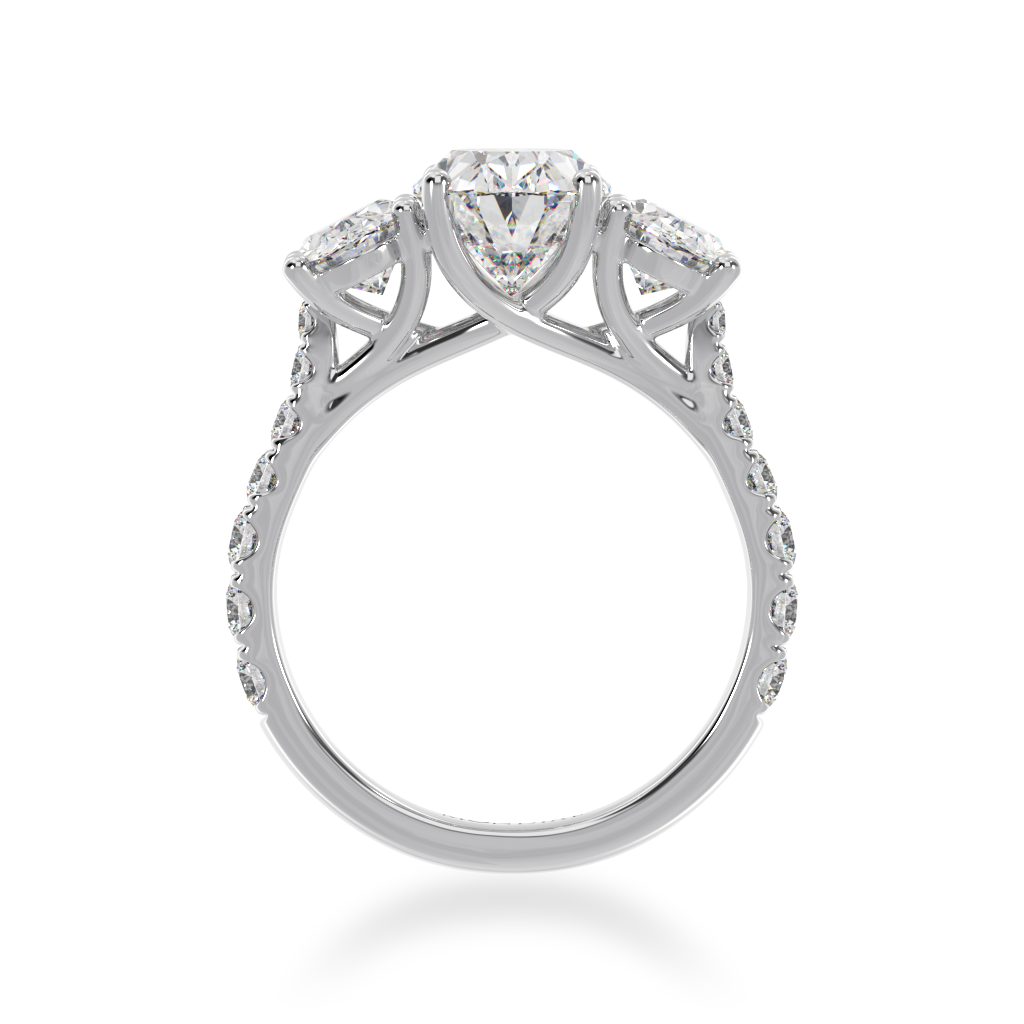 Trilogy oval cut diamond ring with diamond set band view from front 