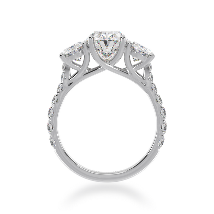 Trilogy oval cut diamond ring with diamond set band view from front 