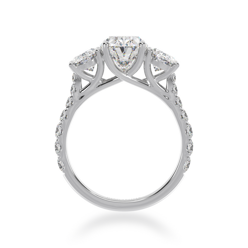 Trilogy oval cut diamond ring with diamond set band view from front.