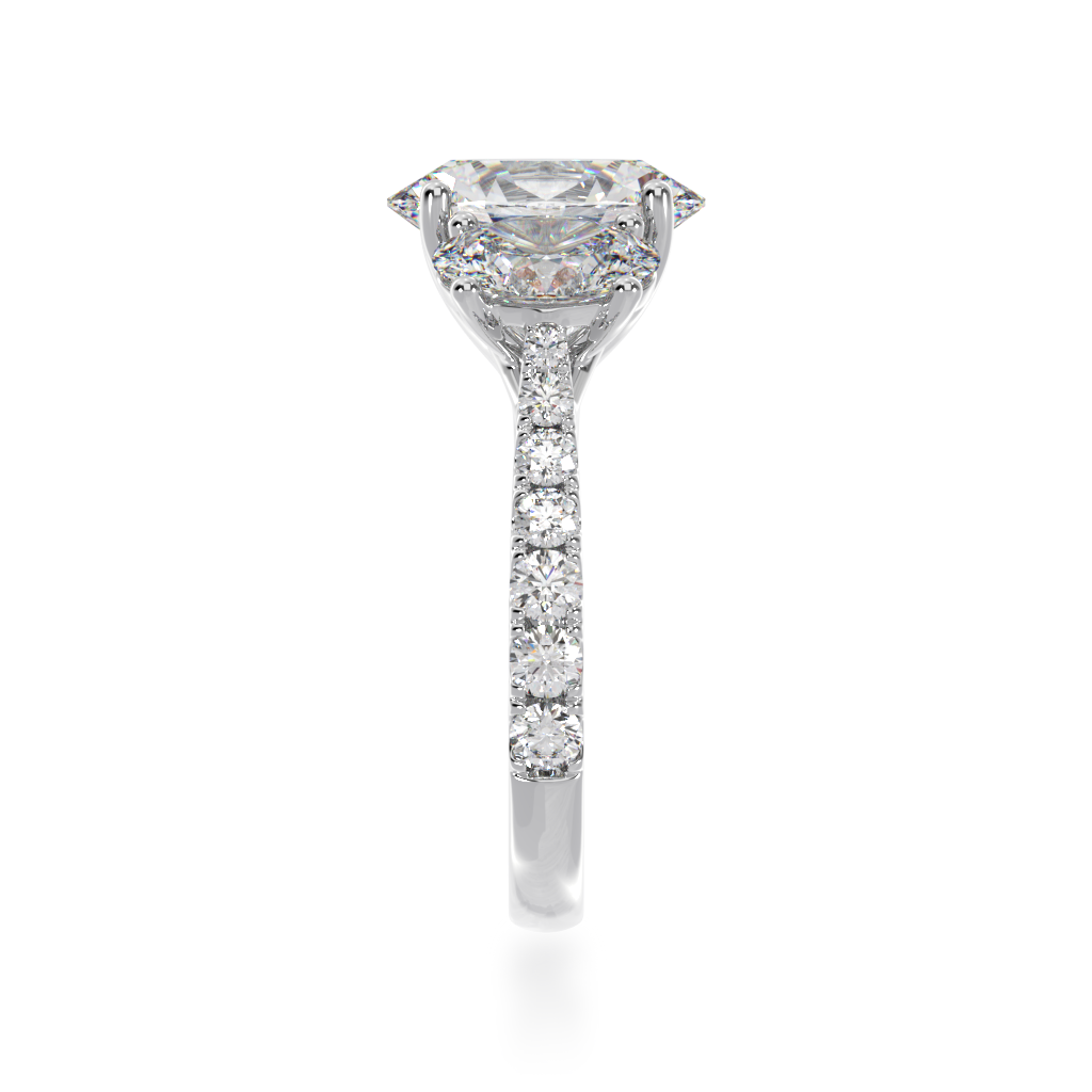 Trilogy oval cut diamond ring with diamond set band view from side 