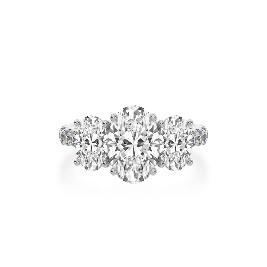 Trilogy oval cut diamond ring with diamond set band view from top