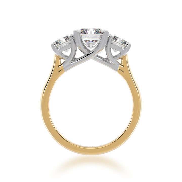 Trilogy radiant cut diamond ring on yellow gold band view from front 