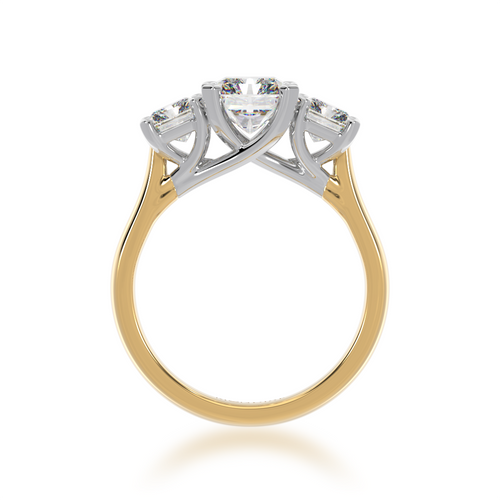 Trilogy radiant cut diamond ring on yellow gold band view from front 