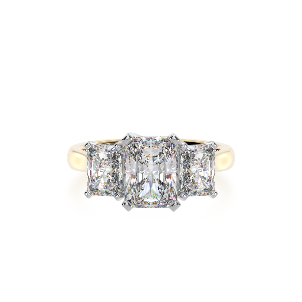Trilogy radiant cut diamond ring on yellow gold band view from top