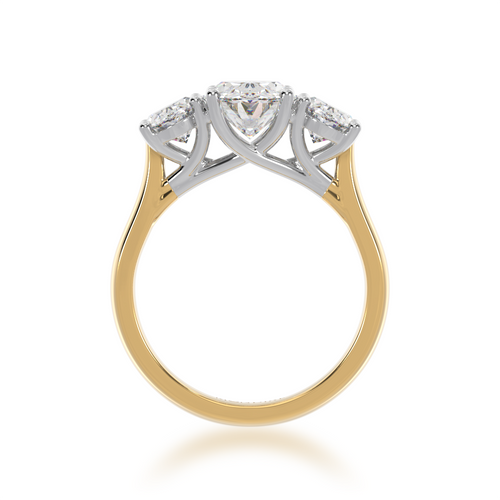 Standing bottom view of the Trilogy oval cut diamond ring on yellow gold band.