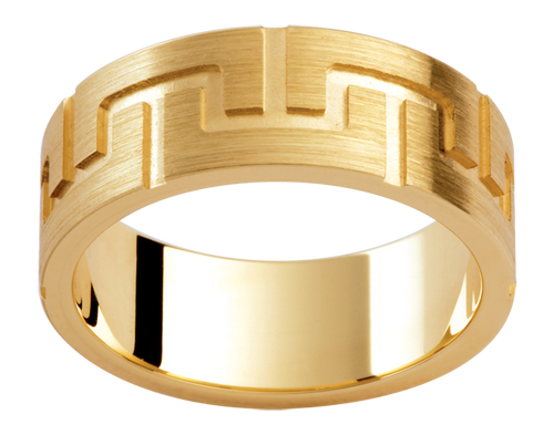 Mens 18ct patterned yellow gold wedding ring