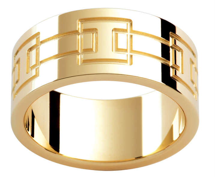Mens 18ct patterned yellow gold wedding ring