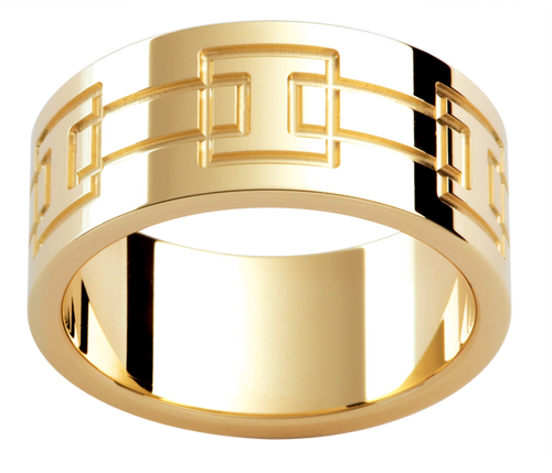 Mens 18ct patterned yellow gold wedding ring