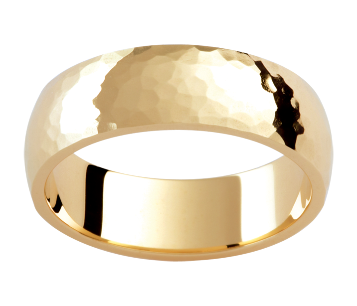 Mens 18ct hammered yellow gold wedding ring