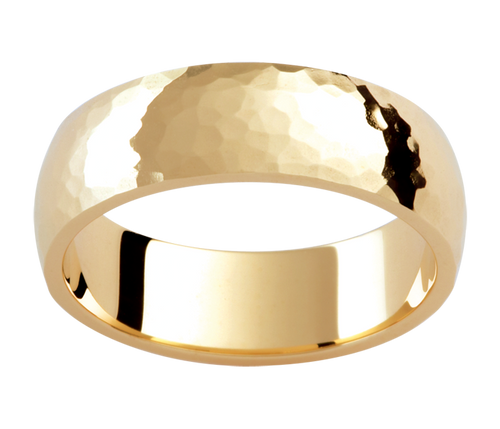 Mens 18ct hammered yellow gold wedding ring