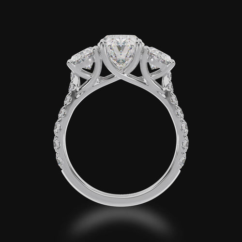 Trilogy oval cut diamond ring with diamond set band 3d video.