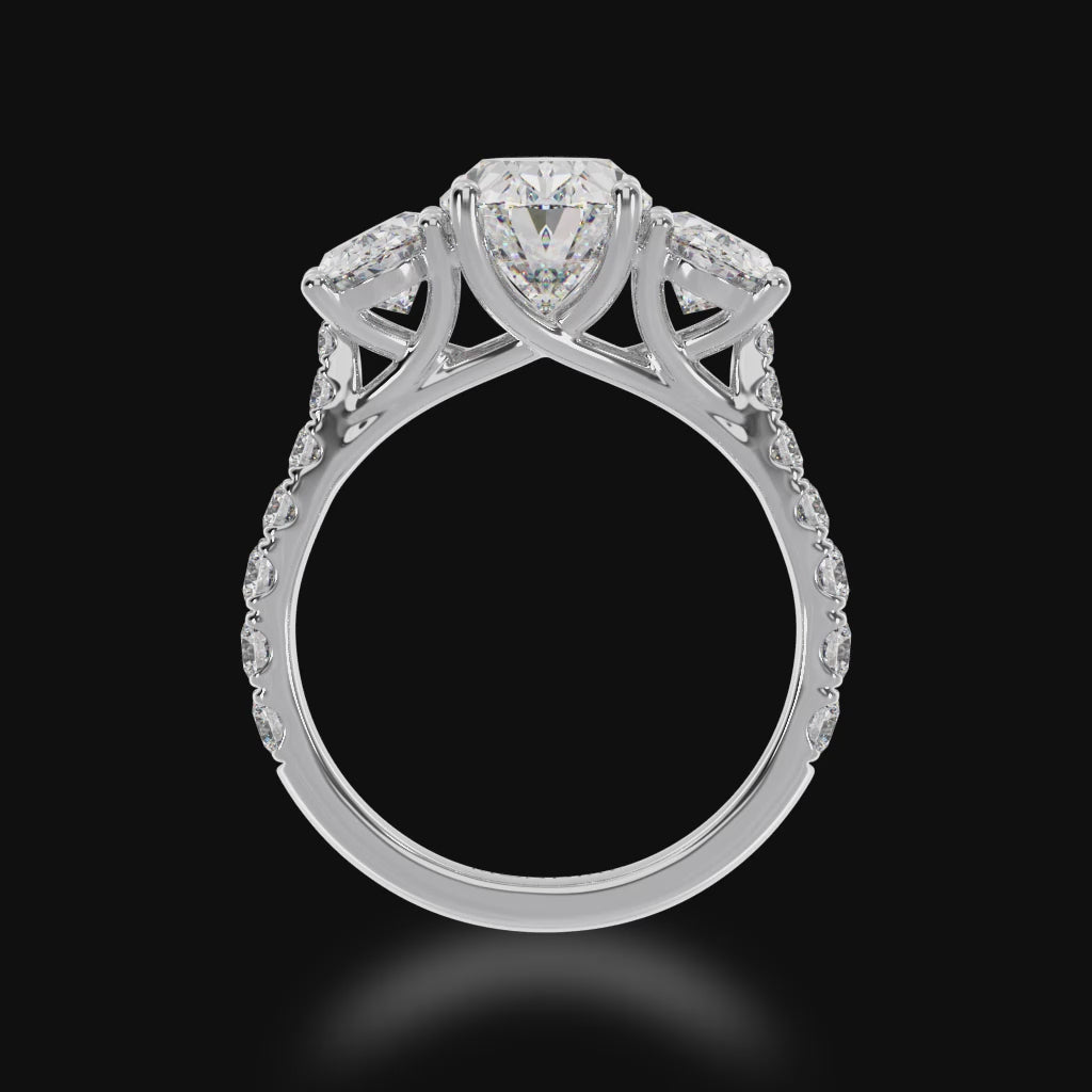 Trilogy oval cut diamond ring with diamond set band 3d video.