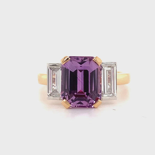 Trilogy emerald cut purple sapphire and diamond ring on rose gold band