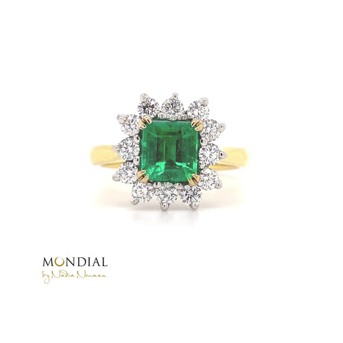 Square cut emerald diamond halo ring on yellow gold band