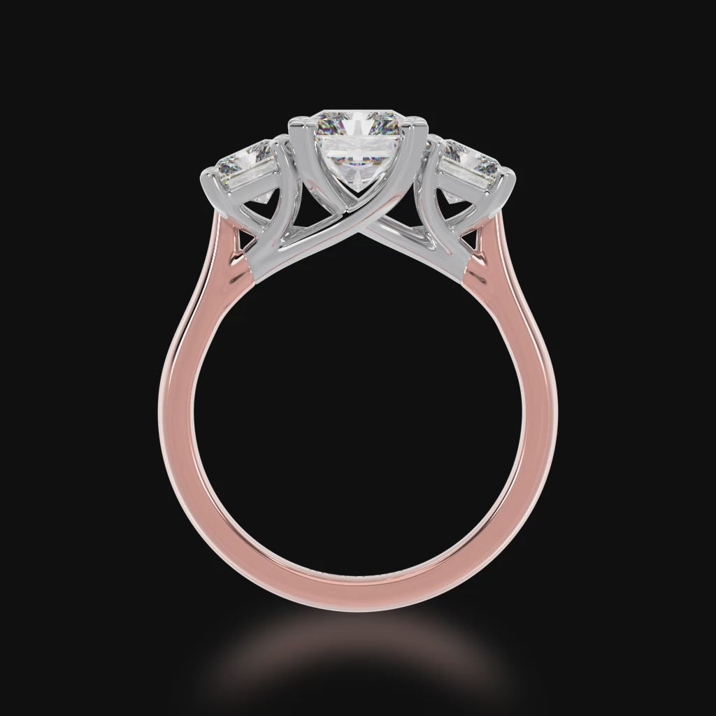 2 Carat Diamond Ring. Trilogy radiant cut diamond ring on rose gold band 3d video