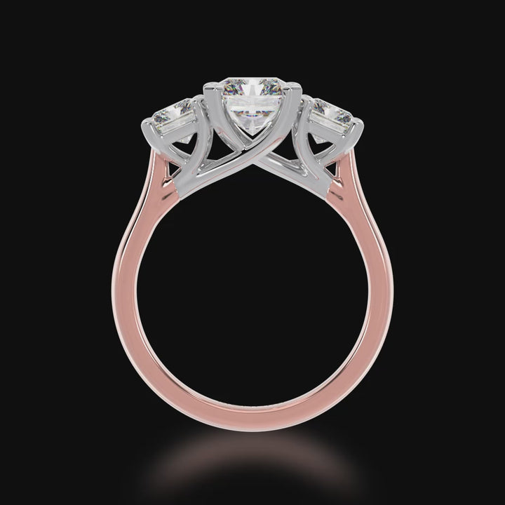 2 Carat Diamond Ring. Trilogy radiant cut diamond ring on rose gold band 3d video