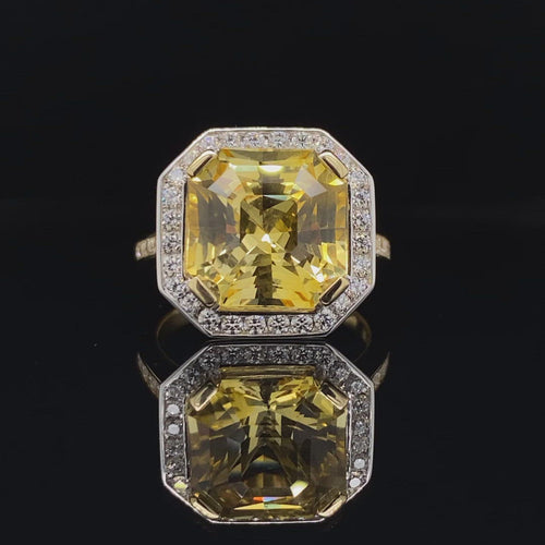 Square cut yellow sapphire diamond halo ring with diamond set band