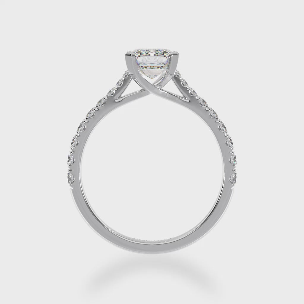 Emerald cut Diamond Solitaire with a white gold diamond set band 3d view