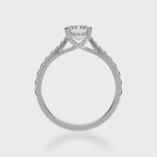 Emerald cut Diamond Solitaire with a white gold diamond set band 3d view