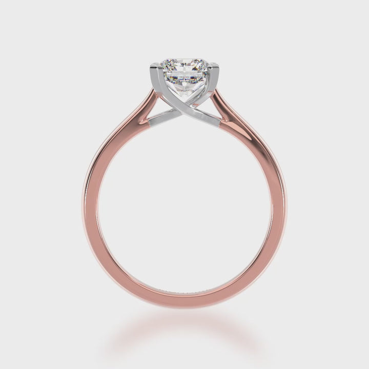 Radiant cut diamond solitaire ring on rose gold band 3d video