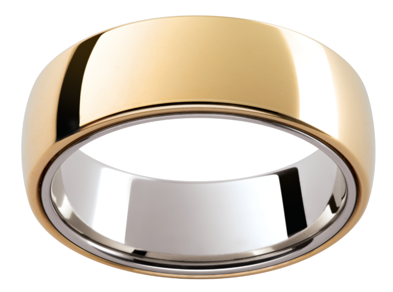 Mens barrel shaped wedding band in yellow and white gold