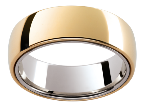 Mens barrel shaped wedding band in yellow and white gold